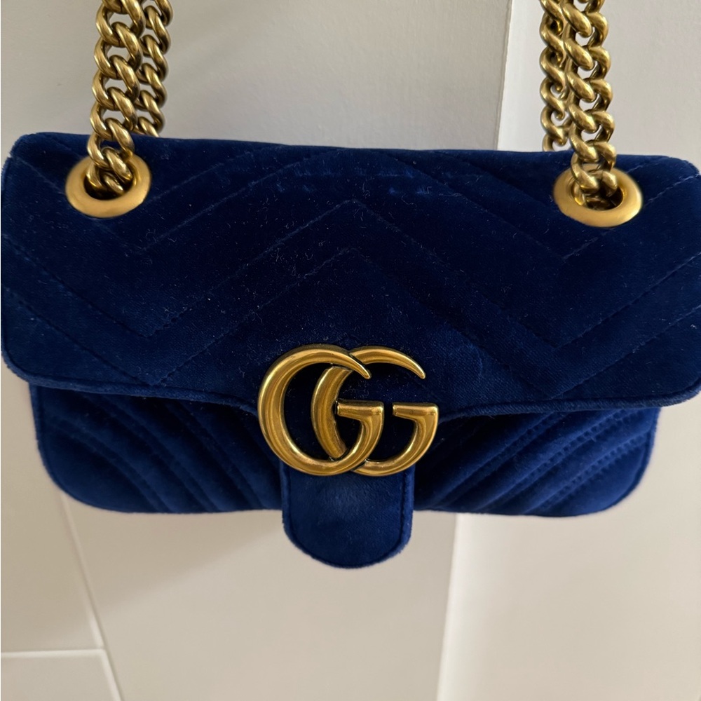 Gucci Blue Velvet Matelasse Mini GG Marmont Shoulder Bag